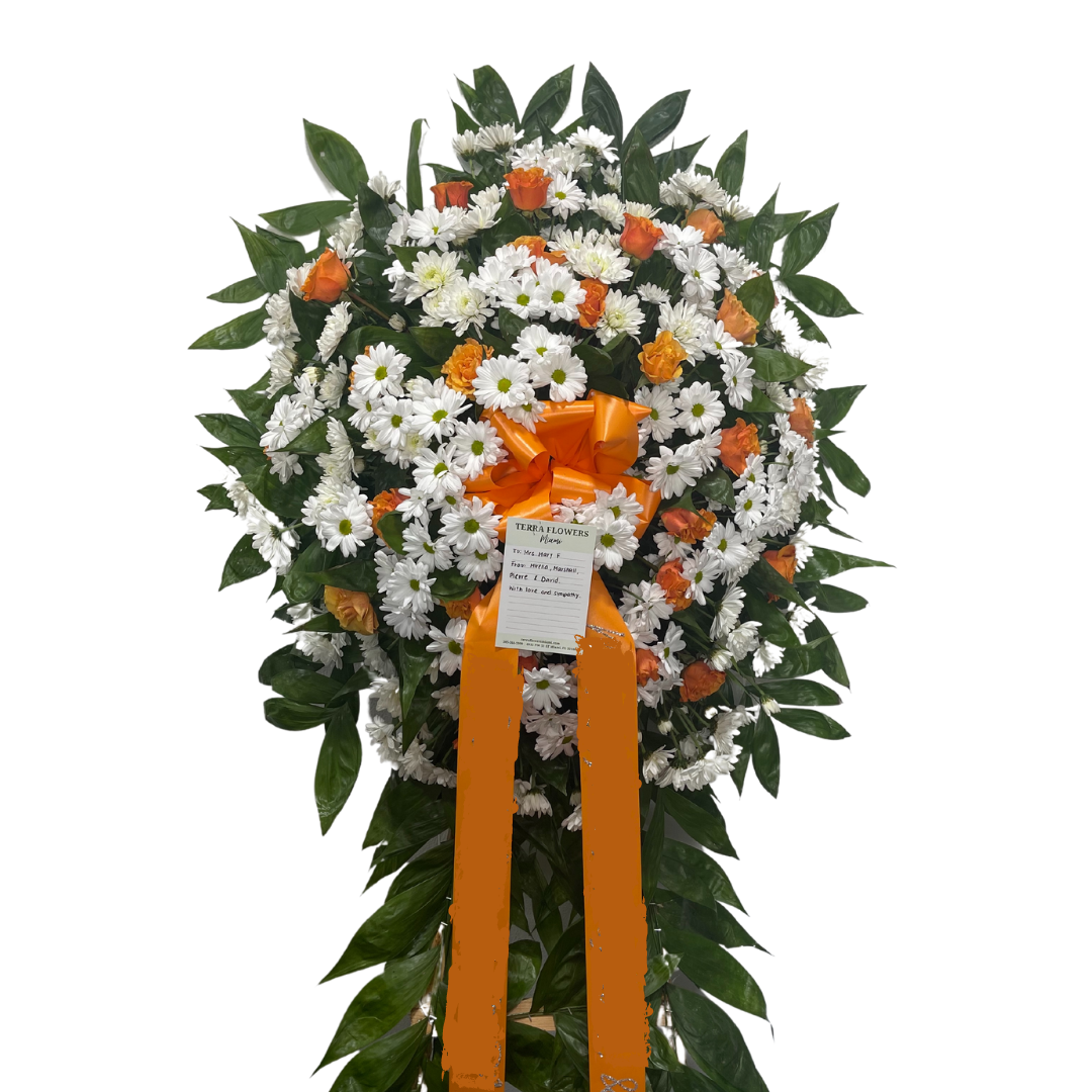 White and Orange Funeral Standing Spray