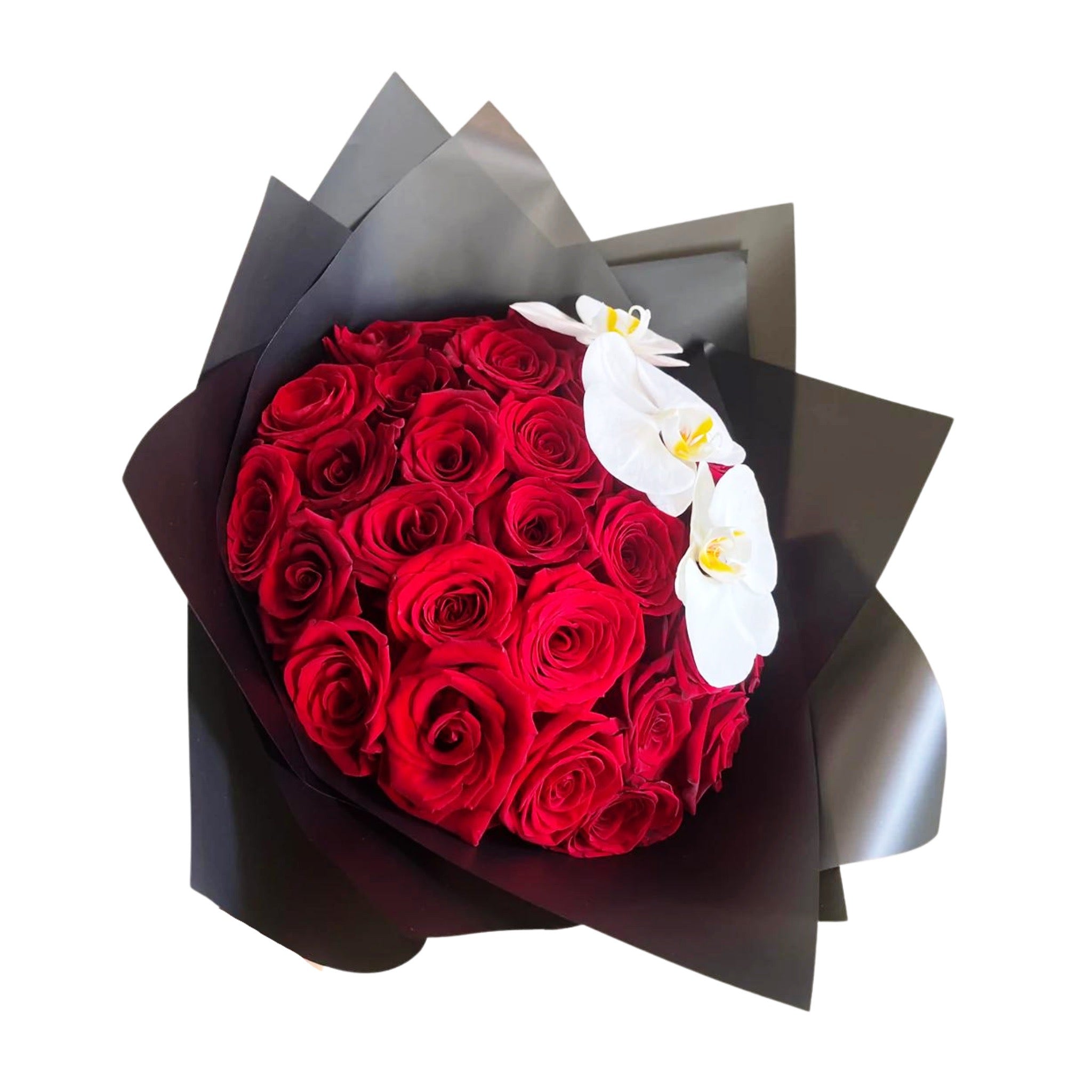 2 Dozen Red Roses + Orchids Bouquet