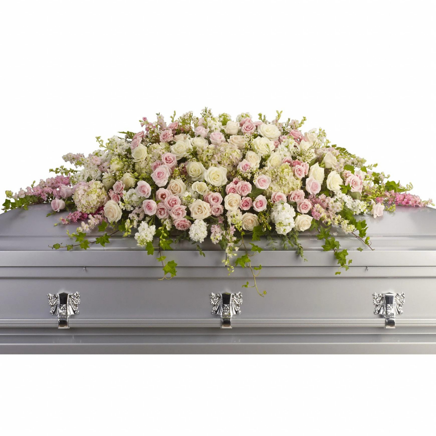 Peaceful White & Pink Casket Funeral Flowers