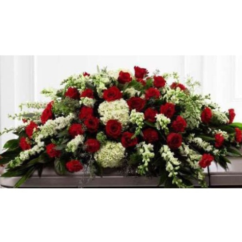 Red and White Casket Funeral Flowers