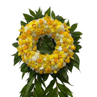 Yellow and White Standing Funeral Wreath