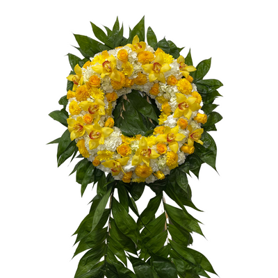 Yellow and White Standing Funeral Wreath