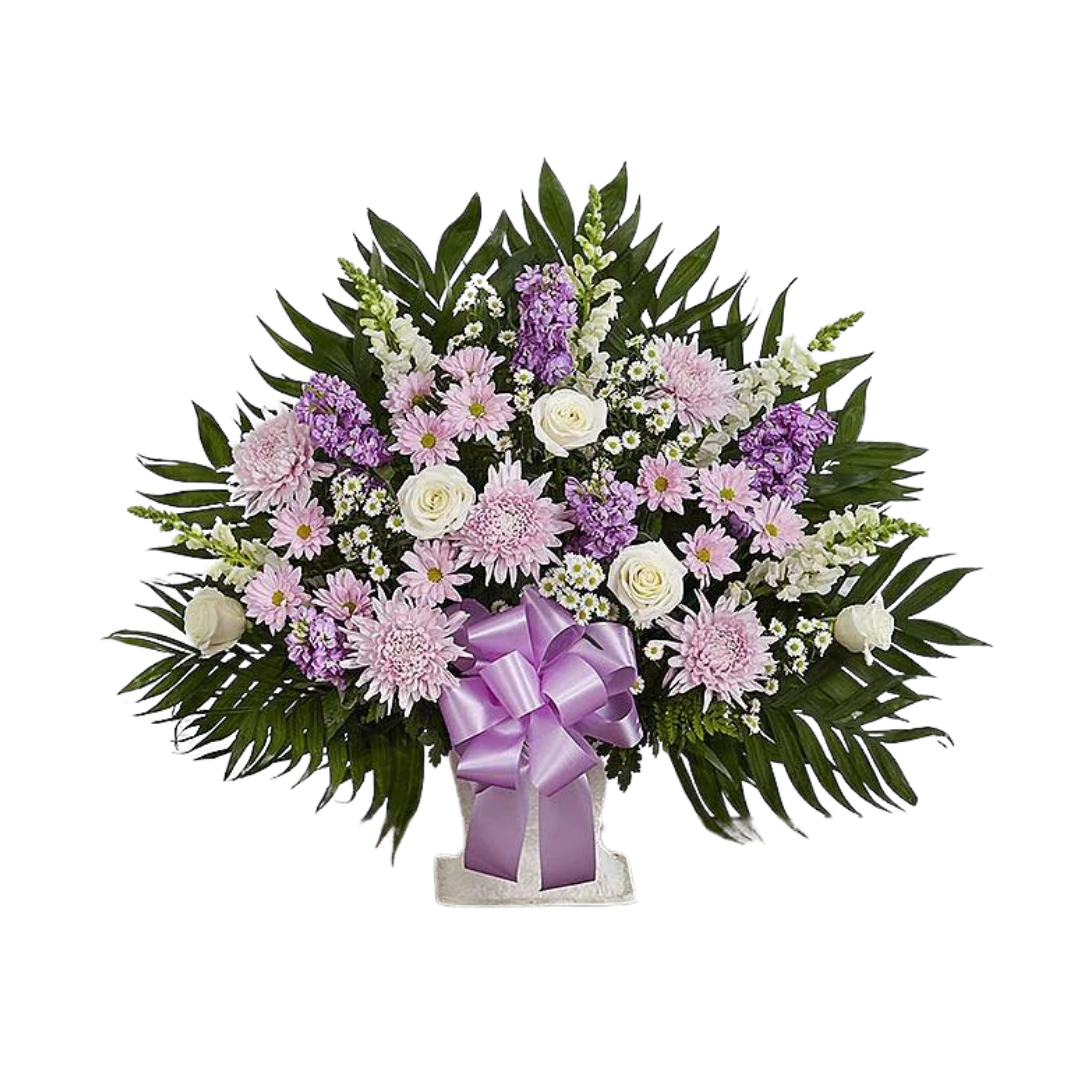Purple and White Funeral Basket Flowers
