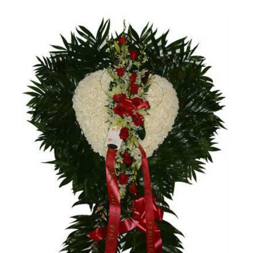 White with Red Roses Funeral Standing Heart