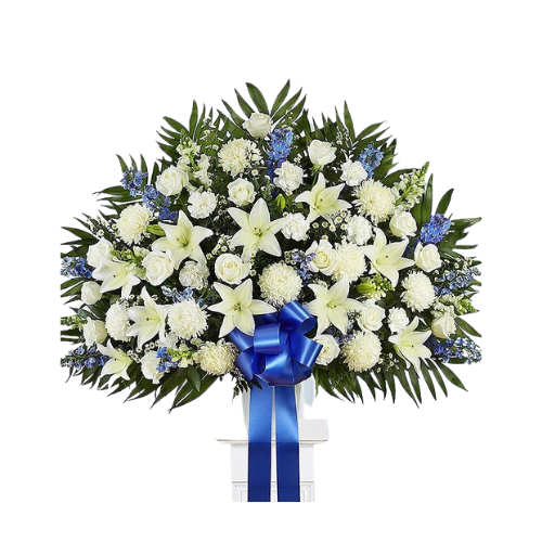 Premium White and Blue Funeral Basket Flowers